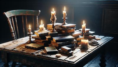 Des livres et des bougies sur une table en bois.