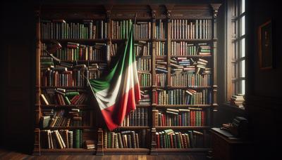 Bücher und italienische Flagge mit spannungsgeladener Atmosphäre.