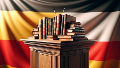 Bücher auf einem Podium mit deutscher Flagge im Hintergrund