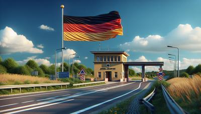 Grenzkontrollpunkt mit deutscher Flagge und Verkehrsschildern.