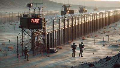 Clôture frontalière avec soldats et panneau d'avertissement