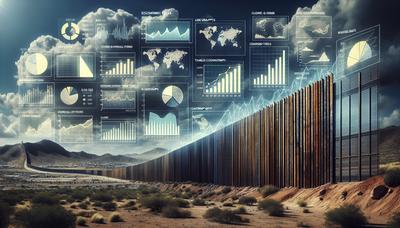 Muro fronterizo con superposición de estadísticas económicas y criminales.