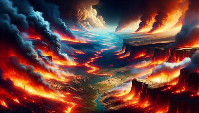 Tierras fronterizas en llamas con humo que se eleva sobre terreno calcinado.