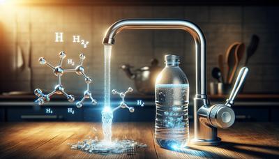 Woda butelkowana i woda z kranu z symbolami chemicznymi.