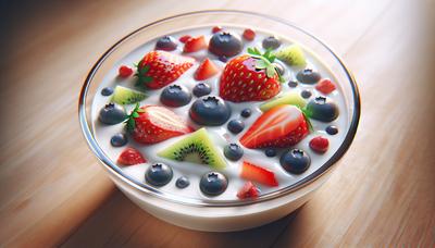 Tigela de iogurte com pedaços de frutas intactas.