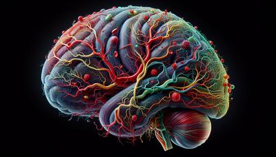 Mapa de los vasos sanguíneos del cerebro que muestra etapas de desarrollo y enfermedad.