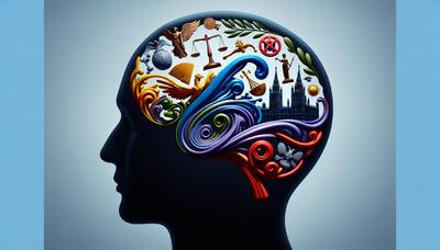 Silhouette de cerveau avec des symboles politiques tourbillonnants à l'intérieur.