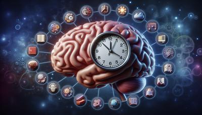 Cervello con orologio e varie icone di attività circostanti.