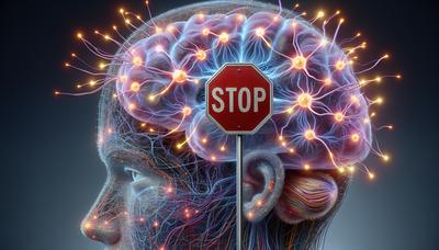 Cervello con neuroni collegati e segnale di stop.