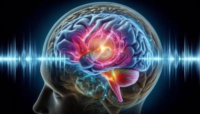 Cerveau avec cortex orbitofrontal en surbrillance et ondes sonores