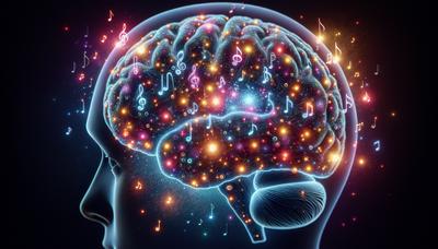 Cerebro con notas musicales iluminando regiones afectadas.