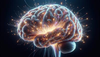 Cerebro con conexiones neuronales vibrantes y elementos brillantes.