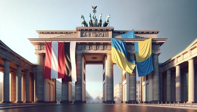 Brandenburger Tor mit russischer und ukrainischer Flagge.