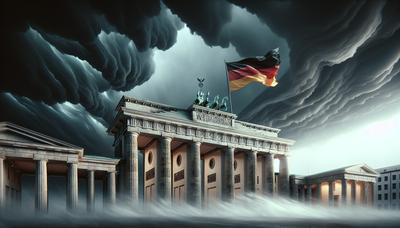 Brandenburger Tor mit stürmischem Himmel und deutscher Flagge.