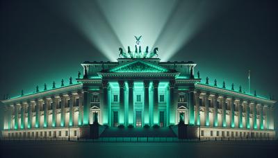 Brandenburger Regierungsgebäude mit grünem Licht oben.