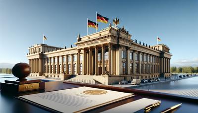 Brandenburger Landtagsgebäude mit Fahnen und formellen Papieren.