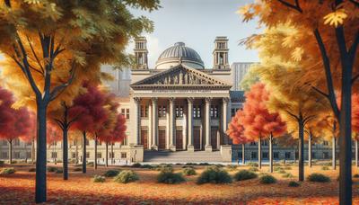 Brandenburger Landtagsgebäude mit Herbstbäumen.