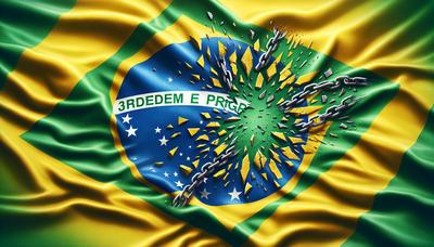 Braziliaanse vlag met gebroken ketens die vrije meningsuiting symboliseren.