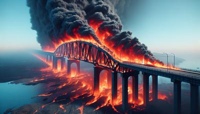 Puente en llamas con humo elevándose hacia el cielo.