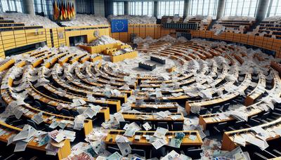 Überquellender Bundestagskammer Papiere und verstreute Euro-Symbole.