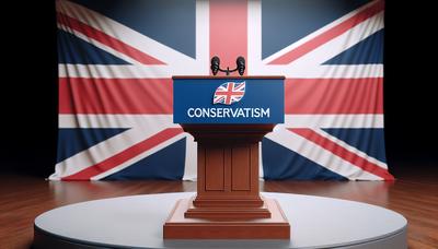 Britische Flagge und Logo der Konservativen Partei auf dem Podium.