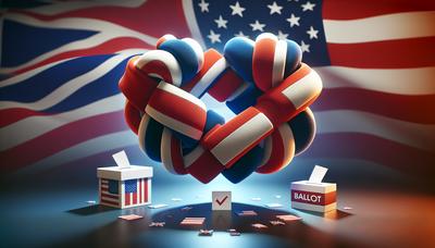 Bandera británica fusionándose con símbolos electorales estadounidenses.