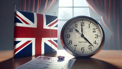 Bandera británica con papeleta electoral y reloj desvaneciente.