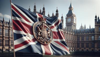 Bandeira britânica com selo real e prédio do parlamento