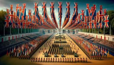 Britse vlaggen en militaire parade tijdens Trooping the Colour.