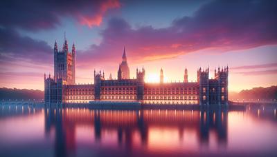 Edificio del Parlamento britannico con il sole che sorge sullo sfondo
