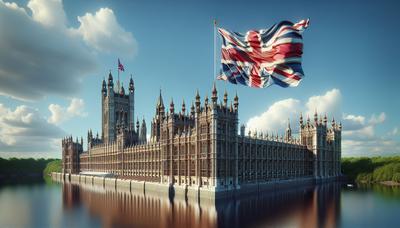 Byggnad för det brittiska parlamentet med Storbritanniens flagga som vajar.