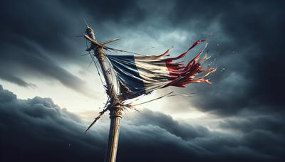Mât de drapeau cassé avec un drapeau français en lambeaux.