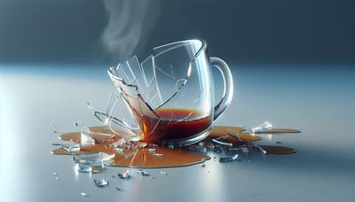 Tasse à café en verre cassé avec du liquide chaud qui se renverse.