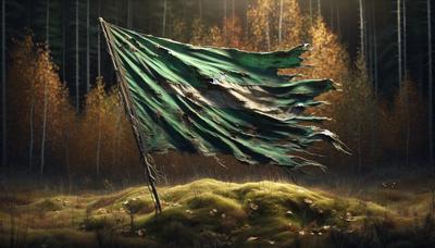 Gebrochene grüne Flagge mit verblassenden Blättern im Hintergrund.