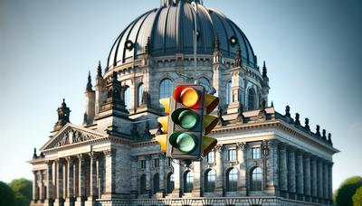 Defekte Ampel schwebt über dem deutschen Parlamentsgebäude.