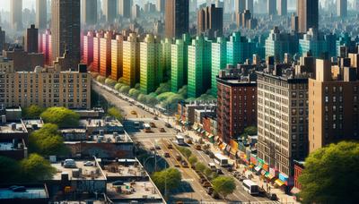 Paisaje urbano del Bronx con niveles de contaminación destacados por zonas de colores.