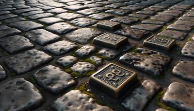 Bronzene Stolpersteine, die in Kopfsteinpflasterstraße eingebettet sind.