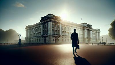 Buckingham Palace met een schimmige figuur op de voorgrond.