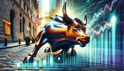 Estátua do touro em Wall Street com gráficos ascendentes