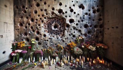 Muro crivellato di proiettili con fiori e candele commemorative.