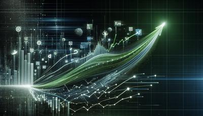 Gráfico de mercado de ações em alta com logotipos de empresas de tecnologia.