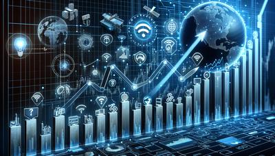 Gráfico alcista del mercado de valores con íconos tecnológicos ascendentes.