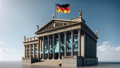 Bundestagsgebäude mit deutscher Flagge und Finanzsymbolen