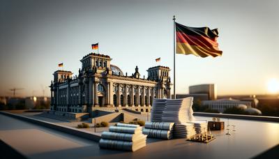 Reichstagsgebäude mit Rechtsdokumenten und deutscher Flagge.