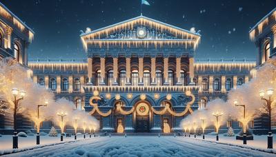 Bundestagsgebäude mit Winterschnee und festlicher Beleuchtung.