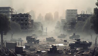 Edificios quemados con humo y presencia militar.