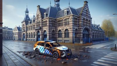 Uitgebrande politieauto buiten politiebureau Amsterdam.