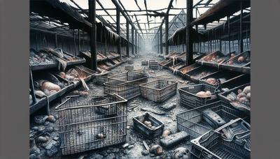 Stands brûlés avec des cages vides et des restes carbonisés.