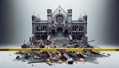 Synagogue brûlée avec bande de police et débris carbonisés