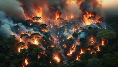 "Incendio en la selva amazónica con humo nebuloso elevándose."